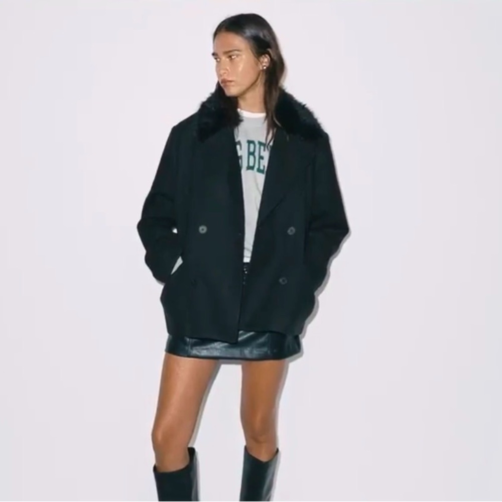 H&M Black Jacket Faux Fur Collar